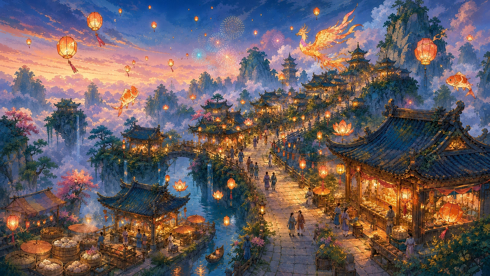 暮色灯巷沿水道蜿蜒，莲灯、锦鲤灯与凤凰灯在烟火下点亮市集