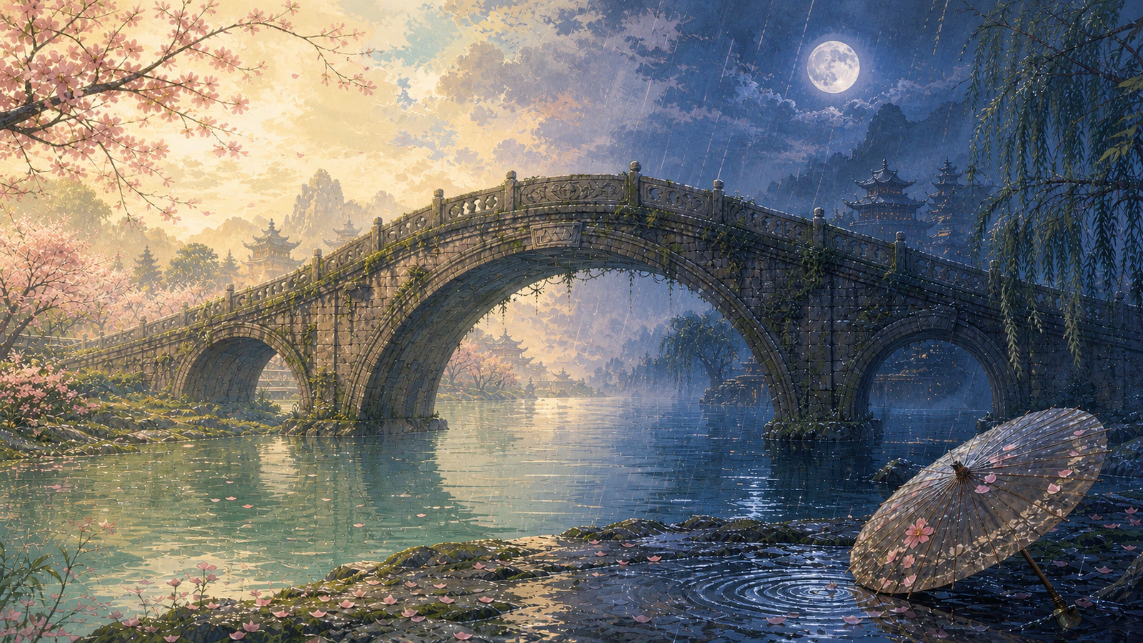 斜雨中的青苔古桥横跨昼夜两岸,撑伞行人走过水洼涟漪