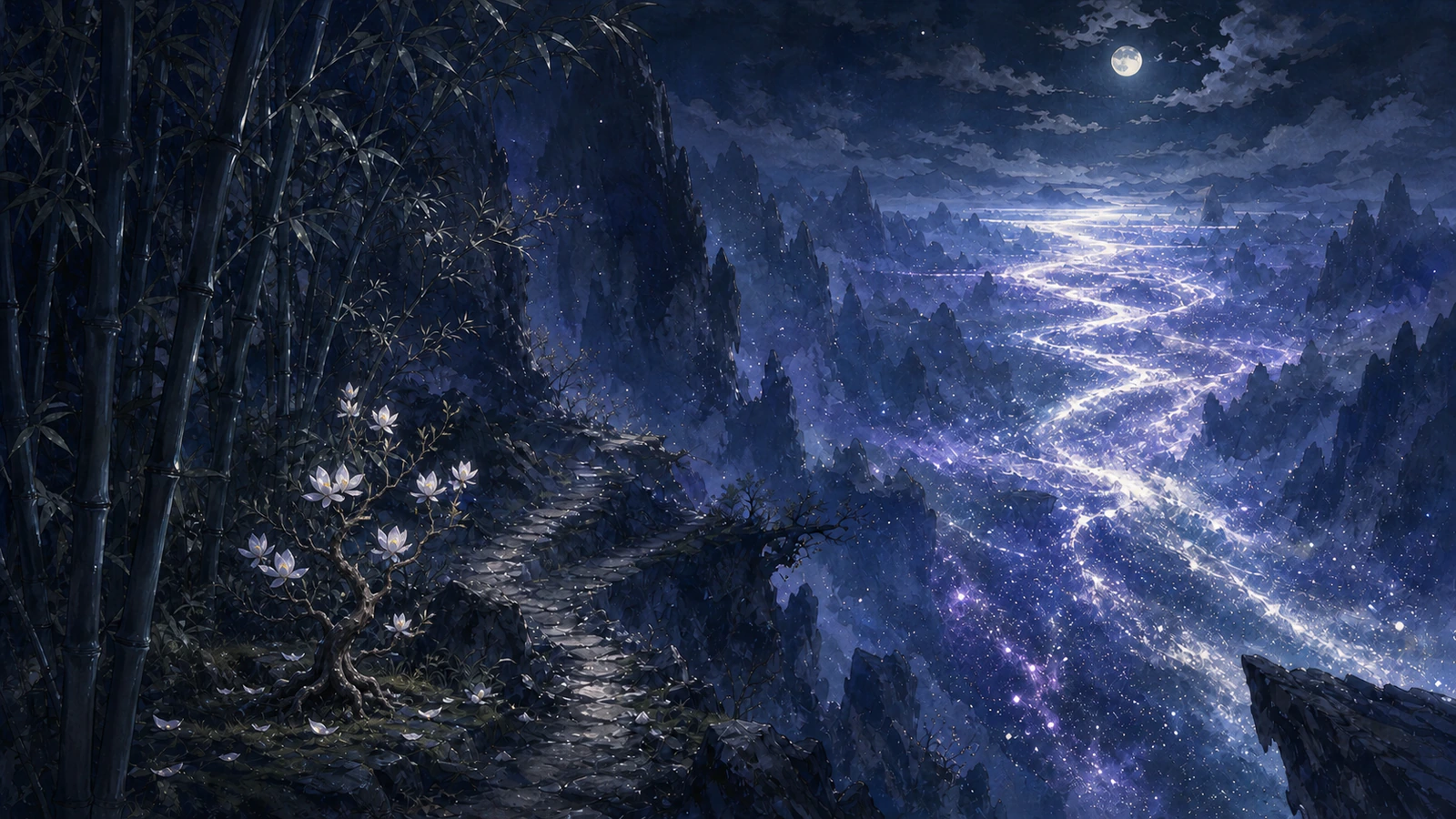 竹林小径从盛开的白玉兰旁通向幽深星渊,古老星河在远方流淌